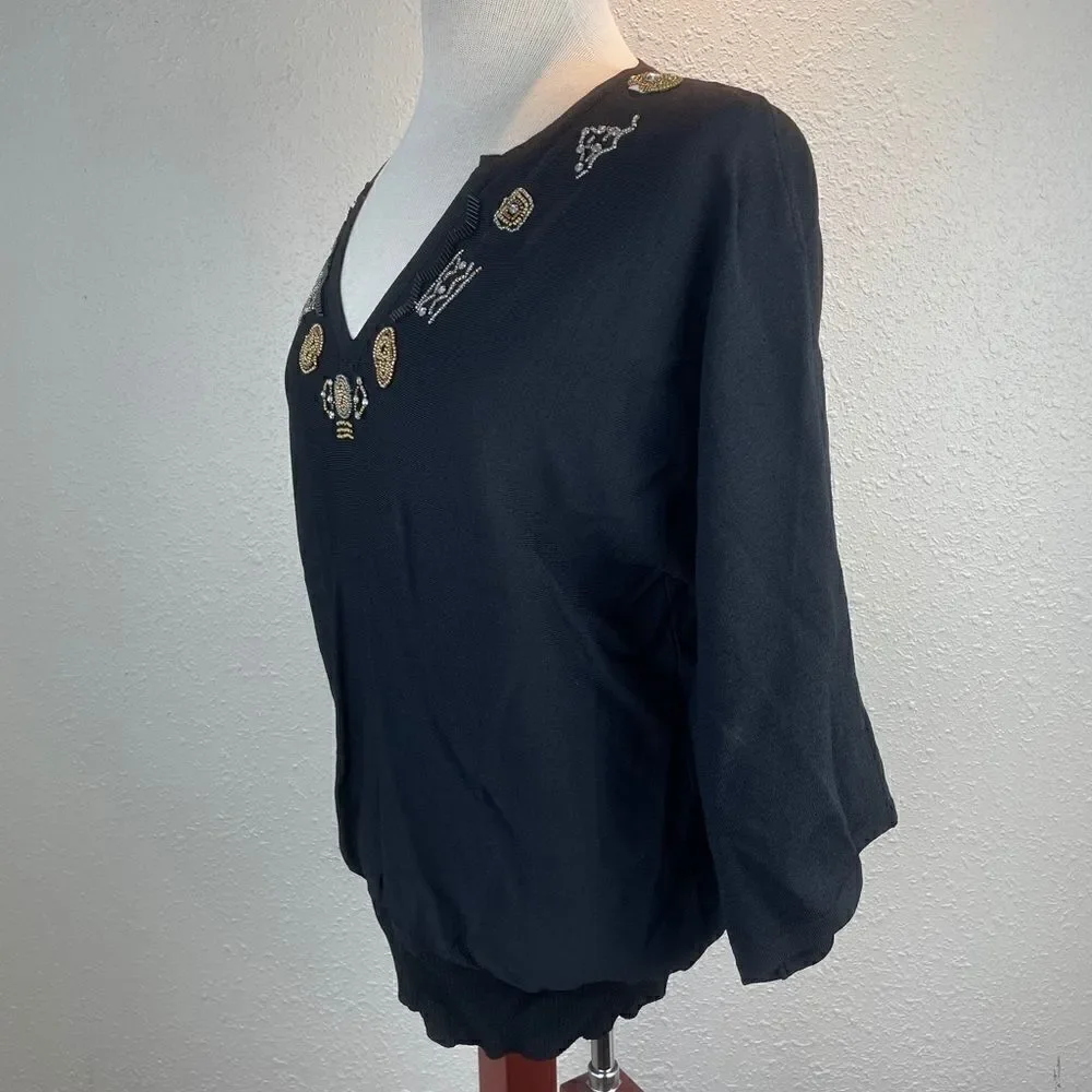 Multiples Black 3/4 Sleeve Beaded Blouse Top EUC